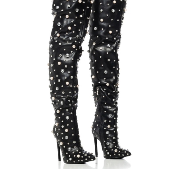Azalea Wang Shoes - Black Pearl-Embellished Over the Knee Boots